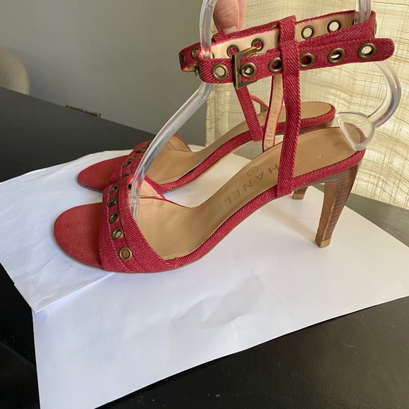 Chanel ankle strap heels sandals mules ankle strap 37-7 red pumps slides slip-on - Picture 3 of 8